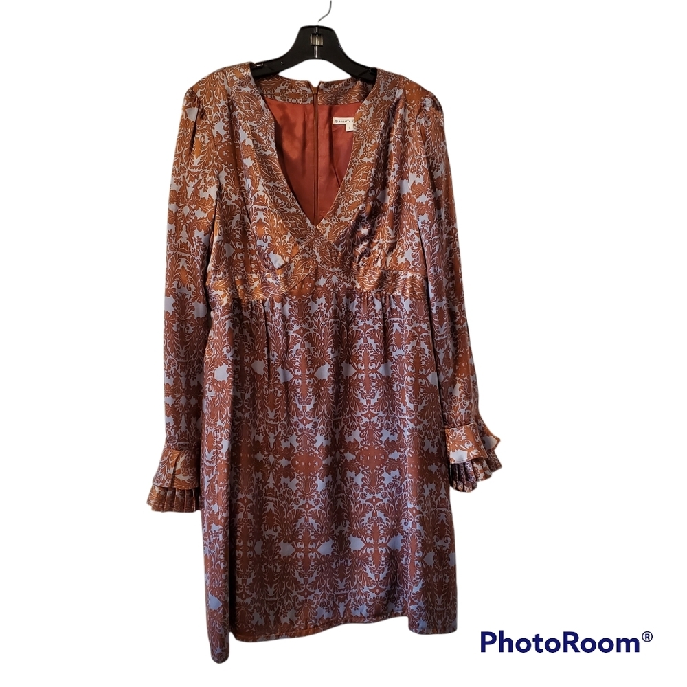 Nanette Lepore Brown and Blue Printed Silk Long Sleeve Dress